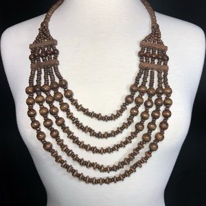 Long 5 Row Dark Brown Wood Bead Layered Necklace